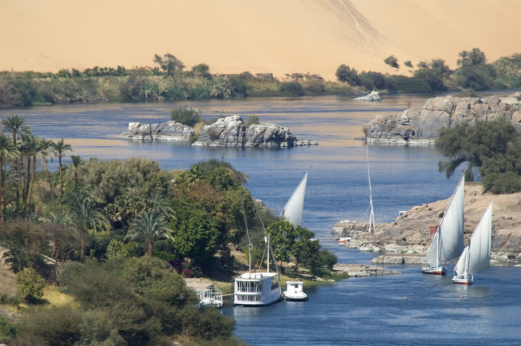 Felucca sailboats among granite islands and palms on the Nile